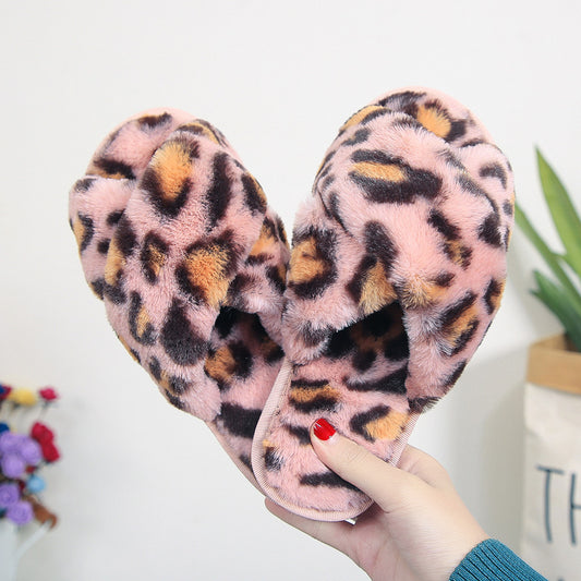 Cross-strap Fuzzy Slippers Leopard Plush House Shoes Flat Bedroom Slippers For Women