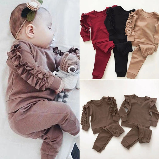 Newborn Baby Boys Girls Ruffles Jumper Solid Long Sleeve Sweatshirt Tops Pants Infant Kids 2Pcs Outfits Clothes Set