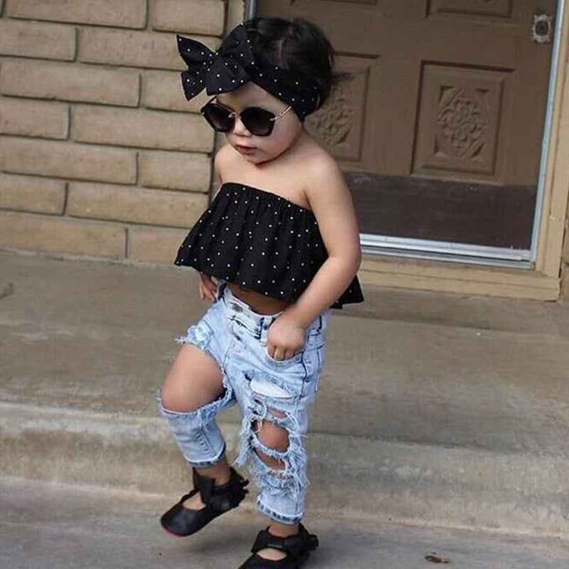 Brielle Top And Pants Set Fashion Kids Girls Off Shoulder Polka Dot Tops Hole Jeans Pants Denim Headband 3Pcs Clothes Outfits Set