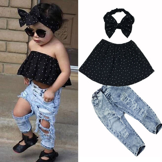 Brielle Top And Pants Set Fashion Kids Girls Off Shoulder Polka Dot Tops Hole Jeans Pants Denim Headband 3Pcs Clothes Outfits Set