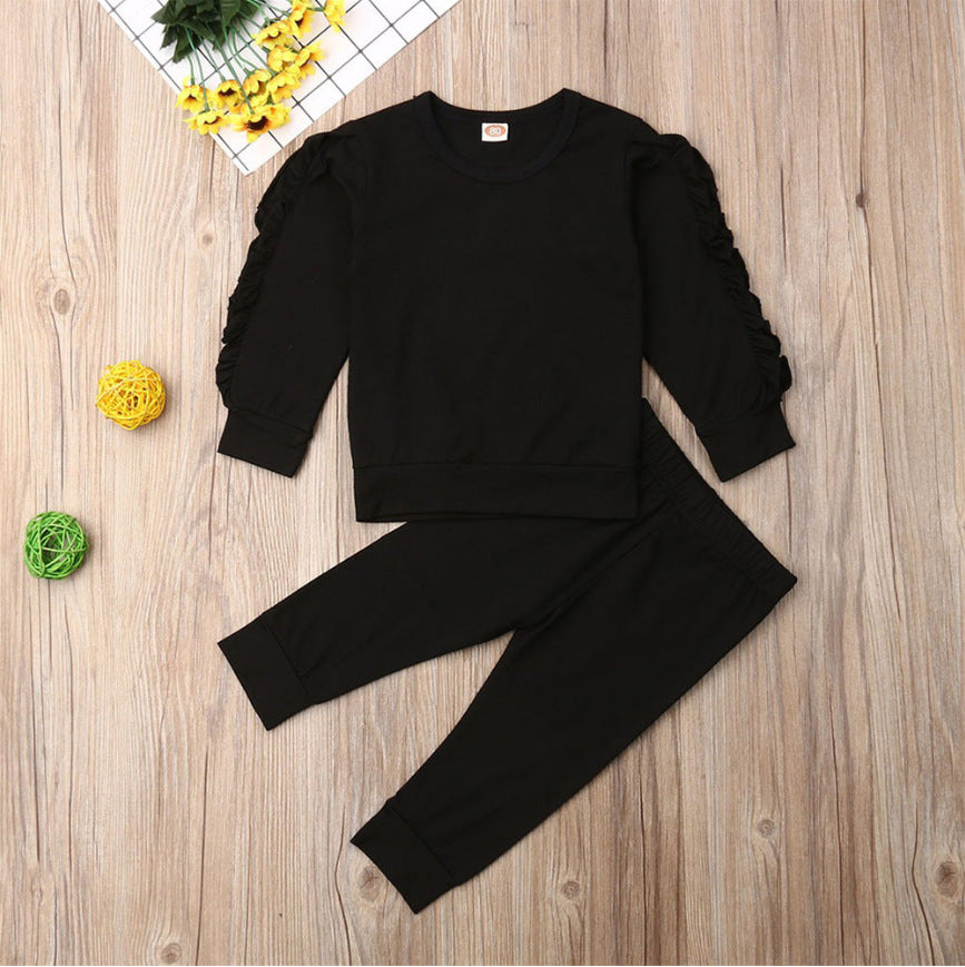 Newborn Baby Boys Girls Ruffles Jumper Solid Long Sleeve Sweatshirt Tops Pants Infant Kids 2Pcs Outfits Clothes Set