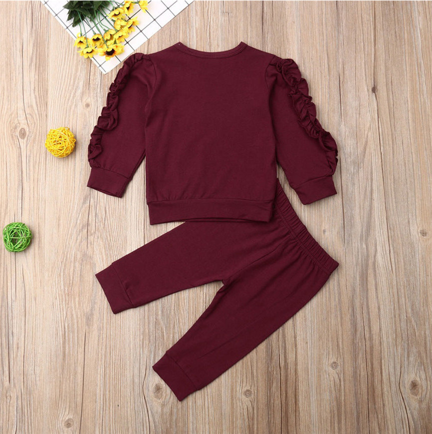 Newborn Baby Boys Girls Ruffles Jumper Solid Long Sleeve Sweatshirt Tops Pants Infant Kids 2Pcs Outfits Clothes Set