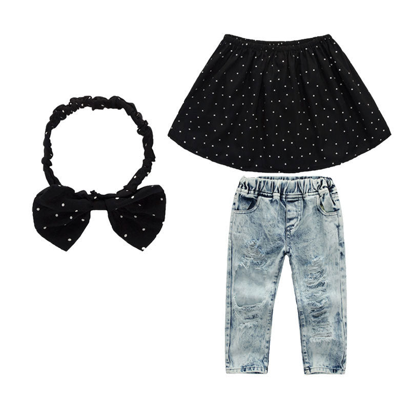 Brielle Top And Pants Set Fashion Kids Girls Off Shoulder Polka Dot Tops Hole Jeans Pants Denim Headband 3Pcs Clothes Outfits Set
