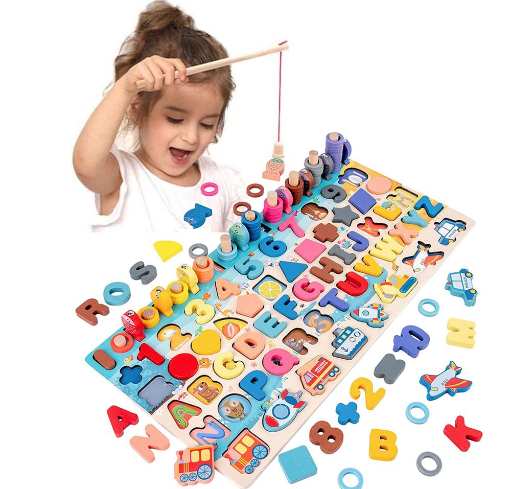 Montessori Educational Wooden board game, alphabets math activities and fishing game for Kids