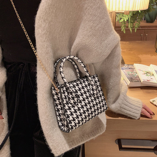 PU Leather Black And White Houndstooth Shoulder Bag Woolen Cloth