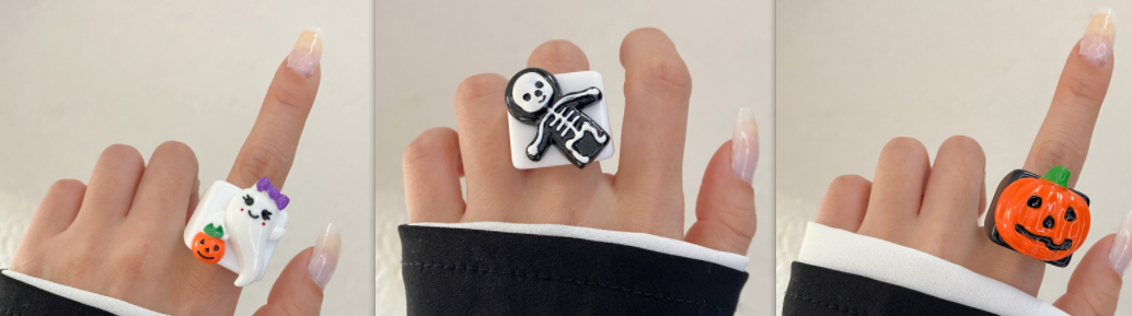Halloween Jewelry Rings Pumpkin Skull ghost in fingers picture