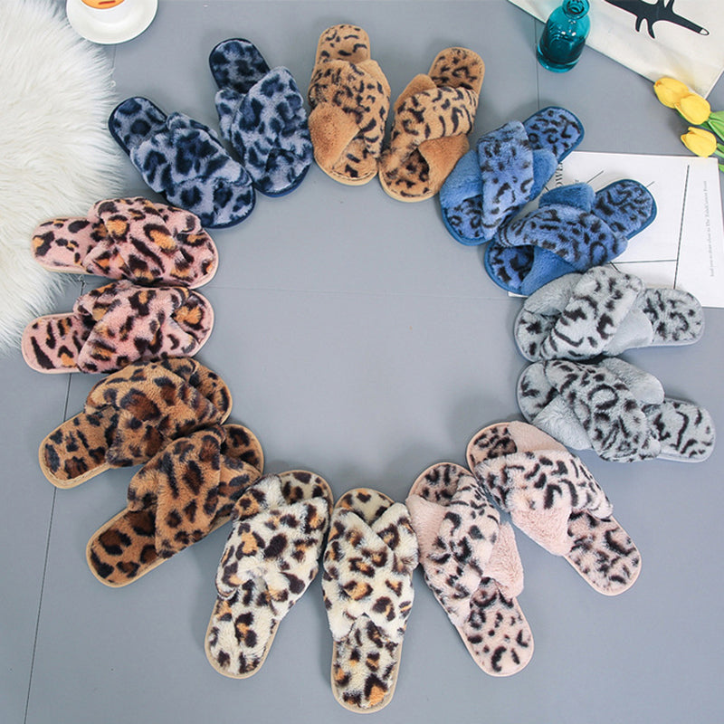Cross-strap Fuzzy Slippers Leopard Plush House Shoes Flat Bedroom Slippers For Women