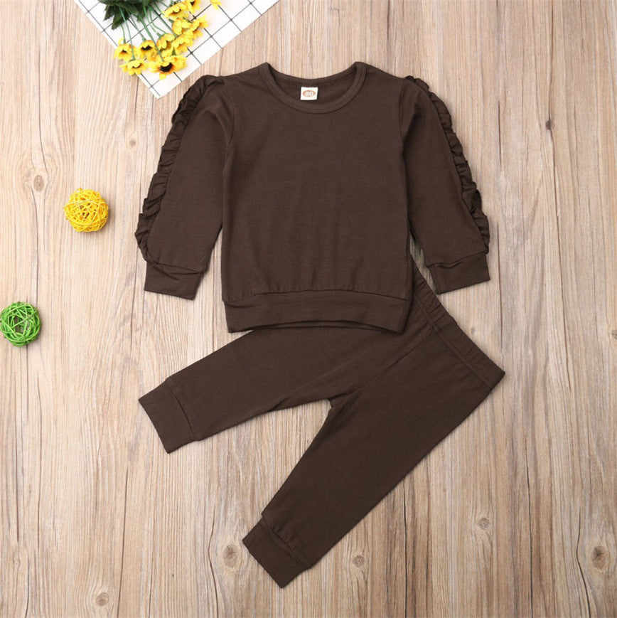Newborn Baby Boys Girls Ruffles Jumper Solid Long Sleeve Sweatshirt Tops Pants Infant Kids 2Pcs Outfits Clothes Set