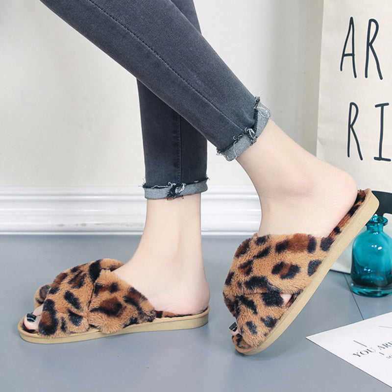 Cross-strap Fuzzy Slippers Leopard Plush House Shoes Flat Bedroom Slippers For Women