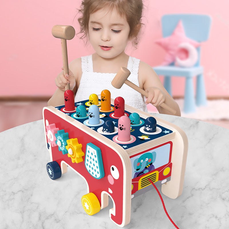 Montessori Toddlers Kids Wooden Pounding Bench Animal Bus Toys Early Educational Set