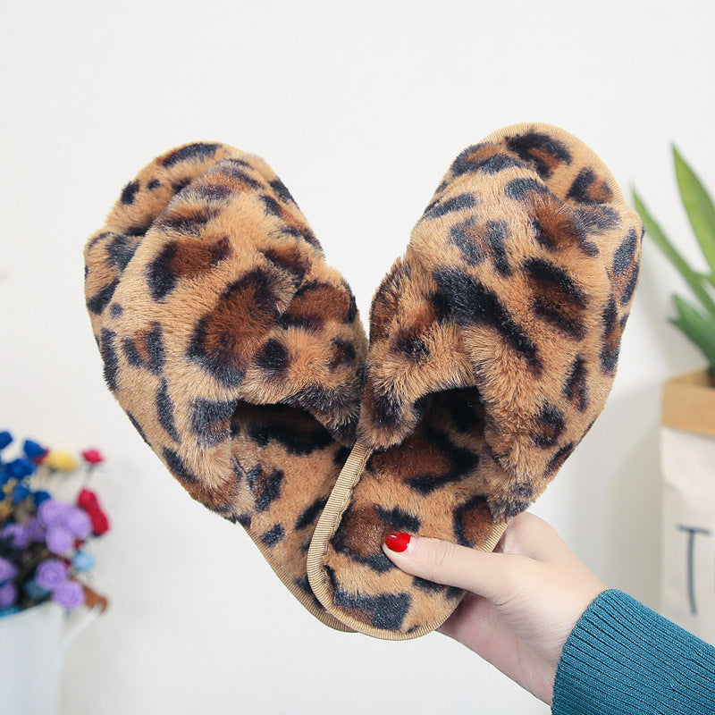 Cross-strap Fuzzy Slippers Leopard Plush House Shoes Flat Bedroom Slippers For Women