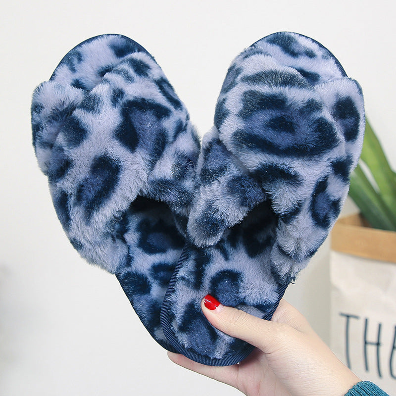 Cross-strap Fuzzy Slippers Leopard Plush House Shoes Flat Bedroom Slippers For Women