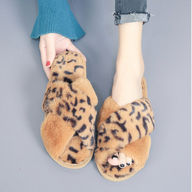 Cross-strap Fuzzy Slippers Leopard Plush House Shoes Flat Bedroom Slippers For Women