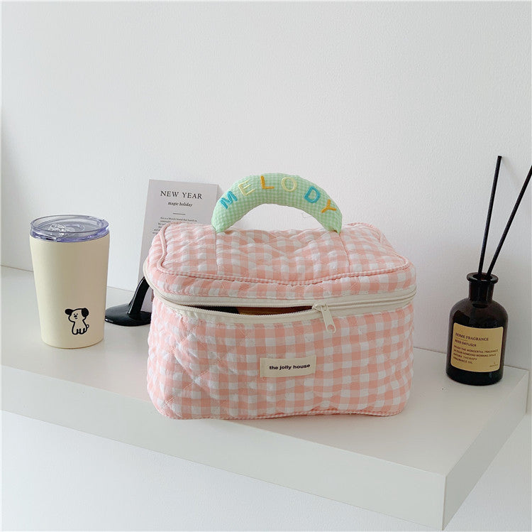 Ins Plaid Cosmetic Bag Large Capacity Japanese Style