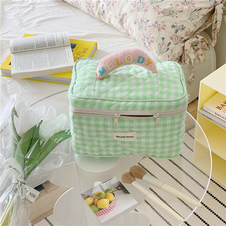 Ins Plaid Cosmetic Bag Large Capacity Japanese Style