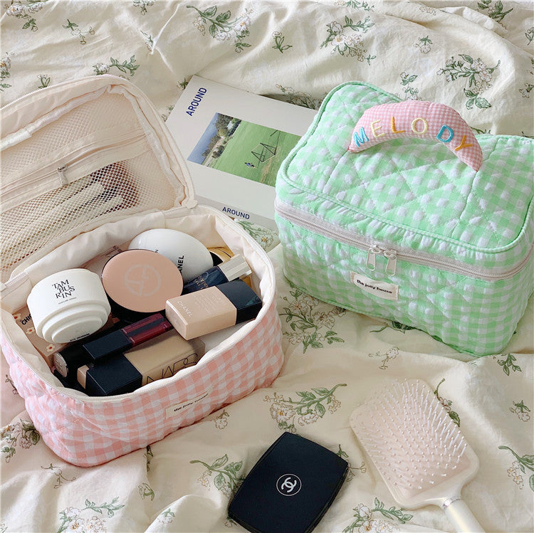 Ins Plaid Cosmetic Bag Large Capacity Japanese Style
