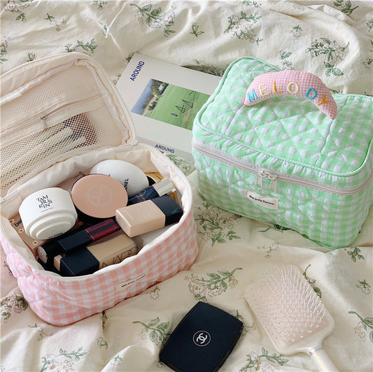 Ins Plaid Cosmetic Bag Large Capacity Japanese Style
