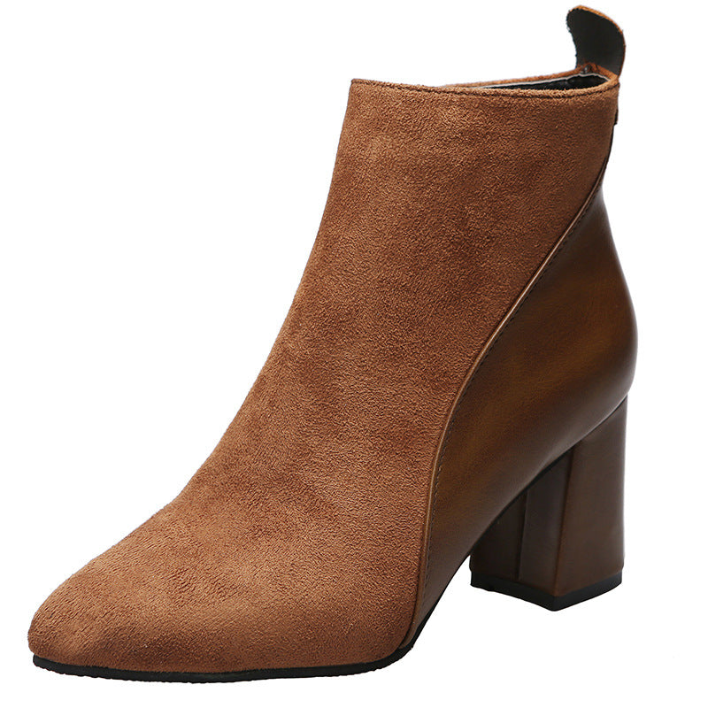 High-heeled Boots Women 2022 Autumn New Leather Stitching Side Zipper Boots Fashion Pointed Toe
