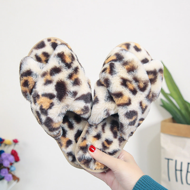 Cross-strap Fuzzy Slippers Leopard Plush House Shoes Flat Bedroom Slippers For Women