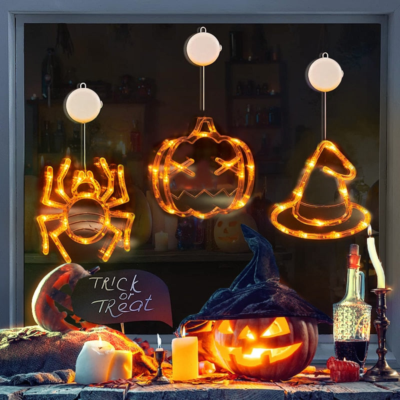Halloween Window Hanging LED Lights Spider Pumpkin Ghost Horror Holiday Home Decor