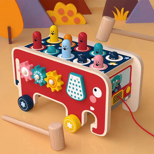 Montessori Toddlers Kids Wooden Pounding Bench Animal Bus Toys Early Educational Set