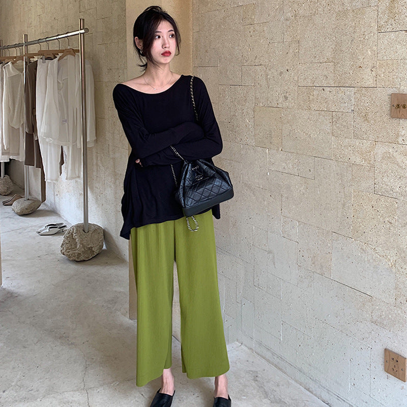 Pregnant Women Belly Pleated High Waist Wide Leg Pants Cropped Pants Straight Pants