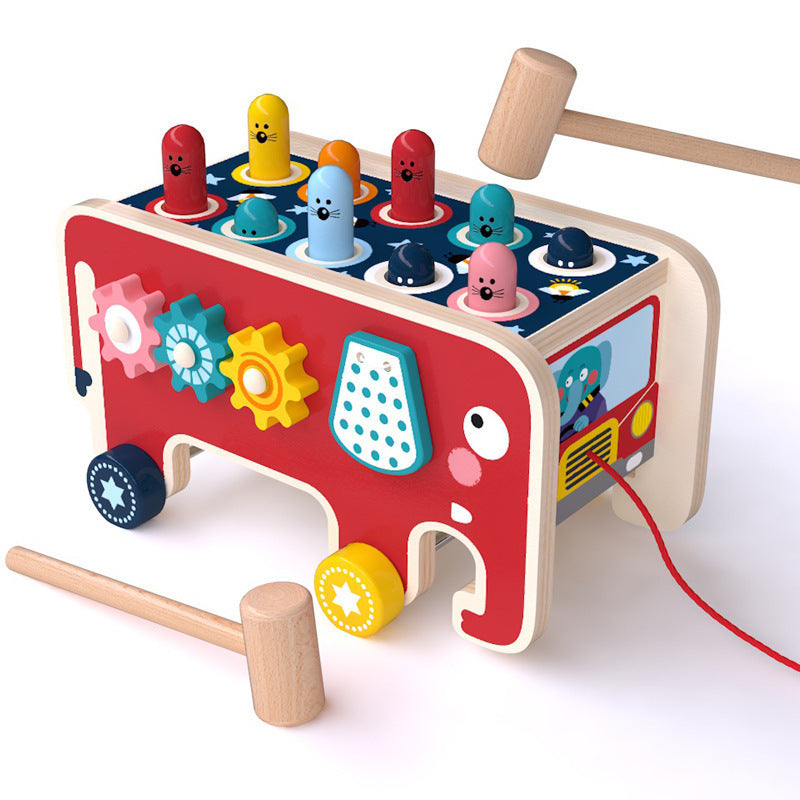 Montessori Toddlers Kids Wooden Pounding Bench Animal Bus Toys Early Educational Set