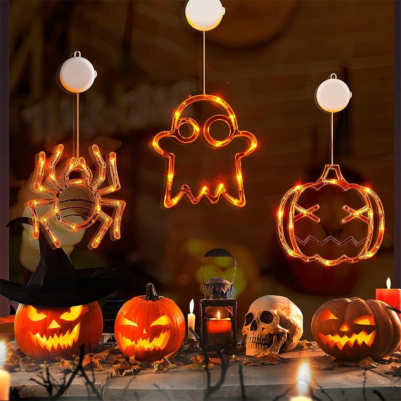 Halloween Window Hanging LED Lights Spider Pumpkin Ghost Horror Holiday Home Decor