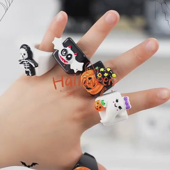 Halloween Jewelry Rings Pumpkin Skull Bat Ghost in fingers video