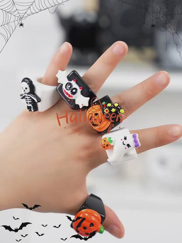Halloween Jewelry Rings Pumpkin Skull Bat Ghost in fingers video