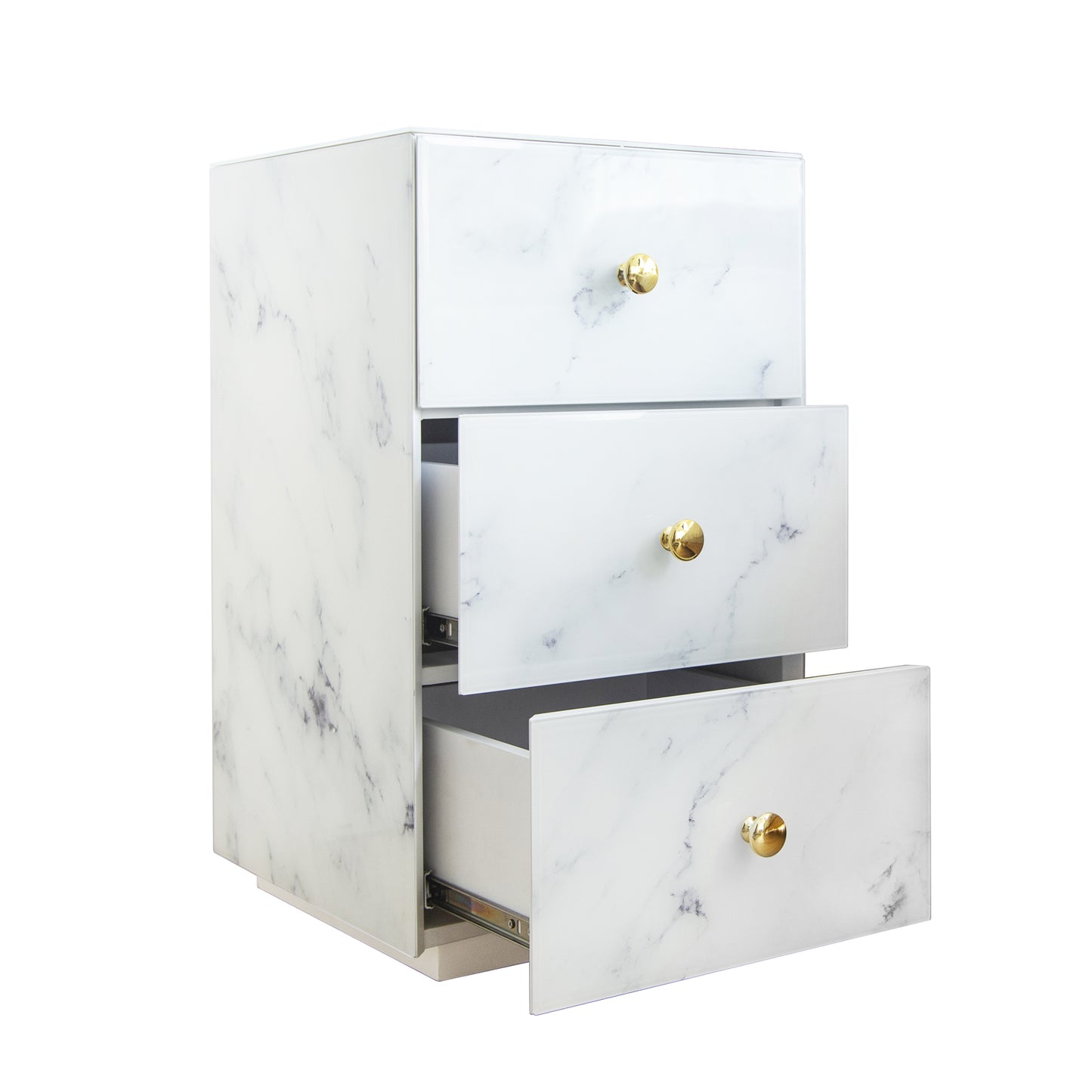 Glass Nightstand Marble with 3 Drawers Side Table for Bedroom (Tempered Glass)