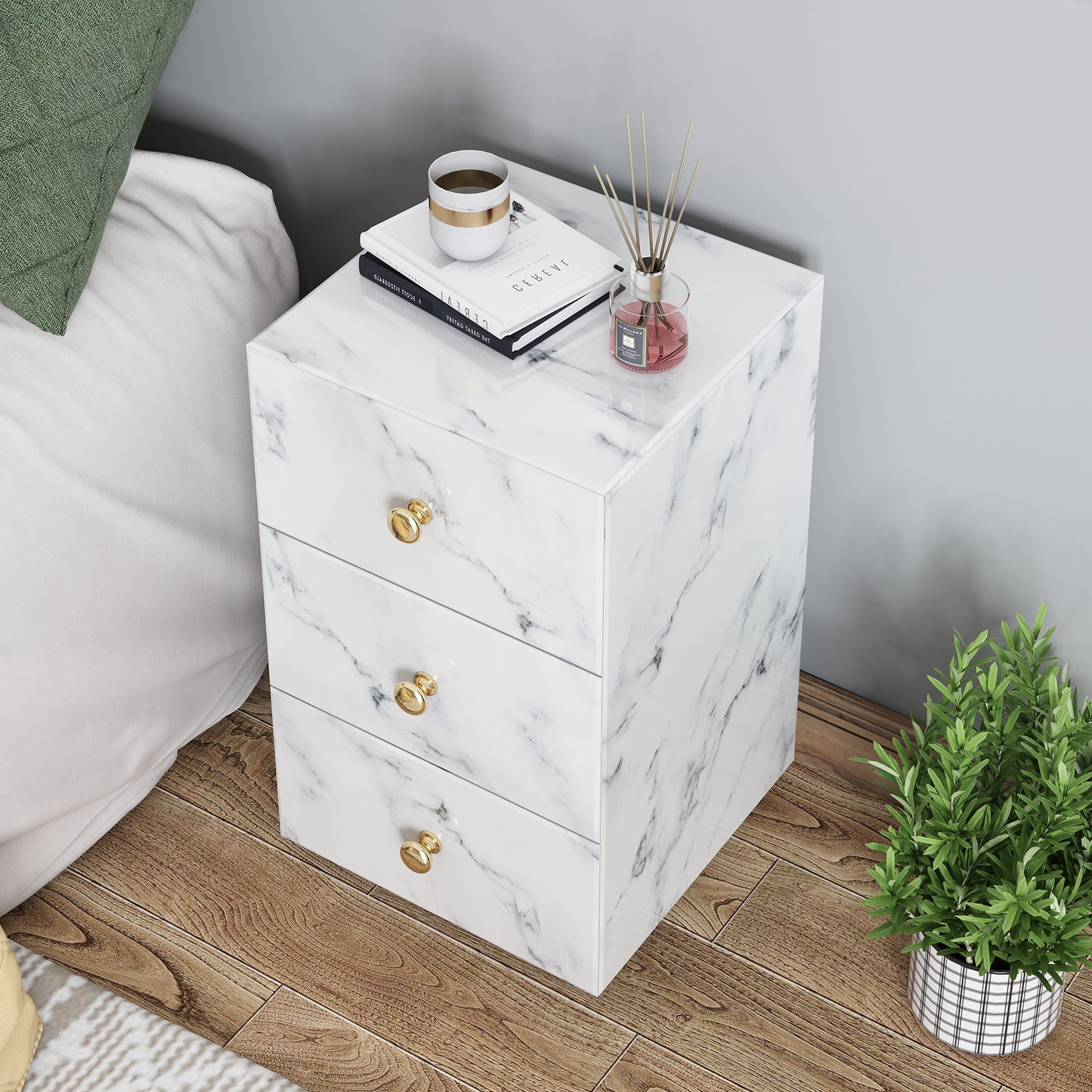 Glass Nightstand Marble with 3 Drawers Side Table for Bedroom (Tempered Glass)