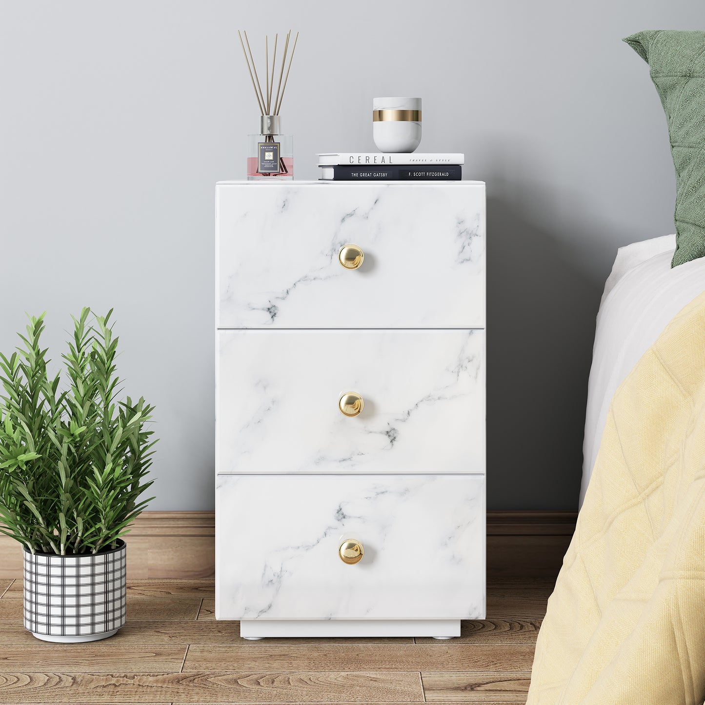 Glass Nightstand Marble with 3 Drawers Side Table for Bedroom (Tempered Glass)