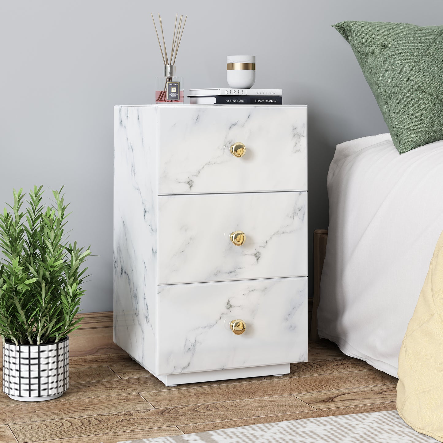 Glass Nightstand Marble with 3 Drawers Side Table for Bedroom (Tempered Glass)