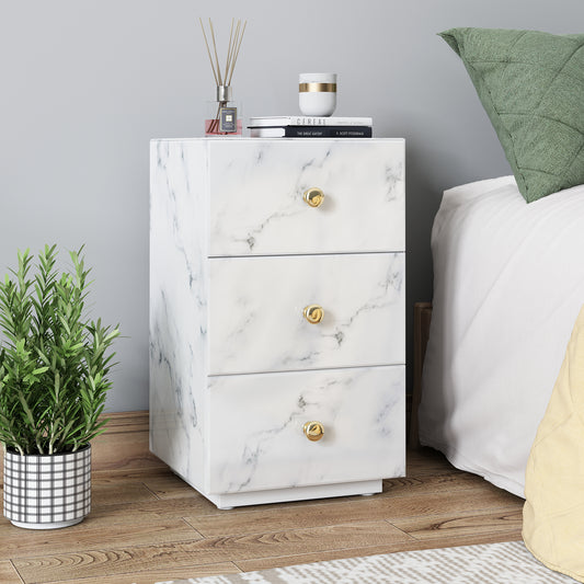 Glass Nightstand Marble with 3 Drawers Side Table for Bedroom (Tempered Glass)