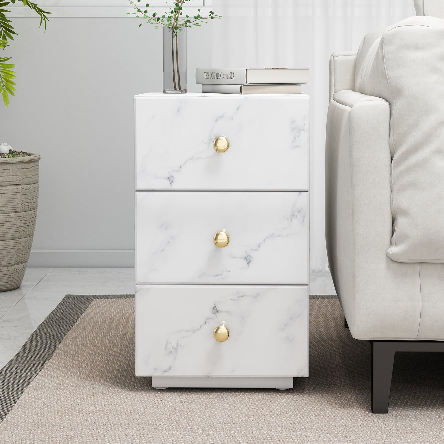 Glass Nightstand Marble with 3 Drawers Side Table for Bedroom (Tempered Glass)