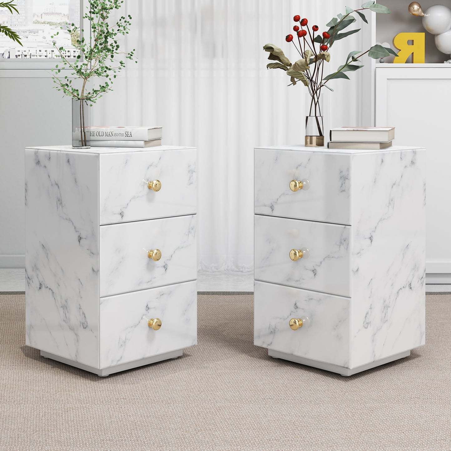 Glass Nightstand Marble with 3 Drawers Side Table for Bedroom (Tempered Glass)