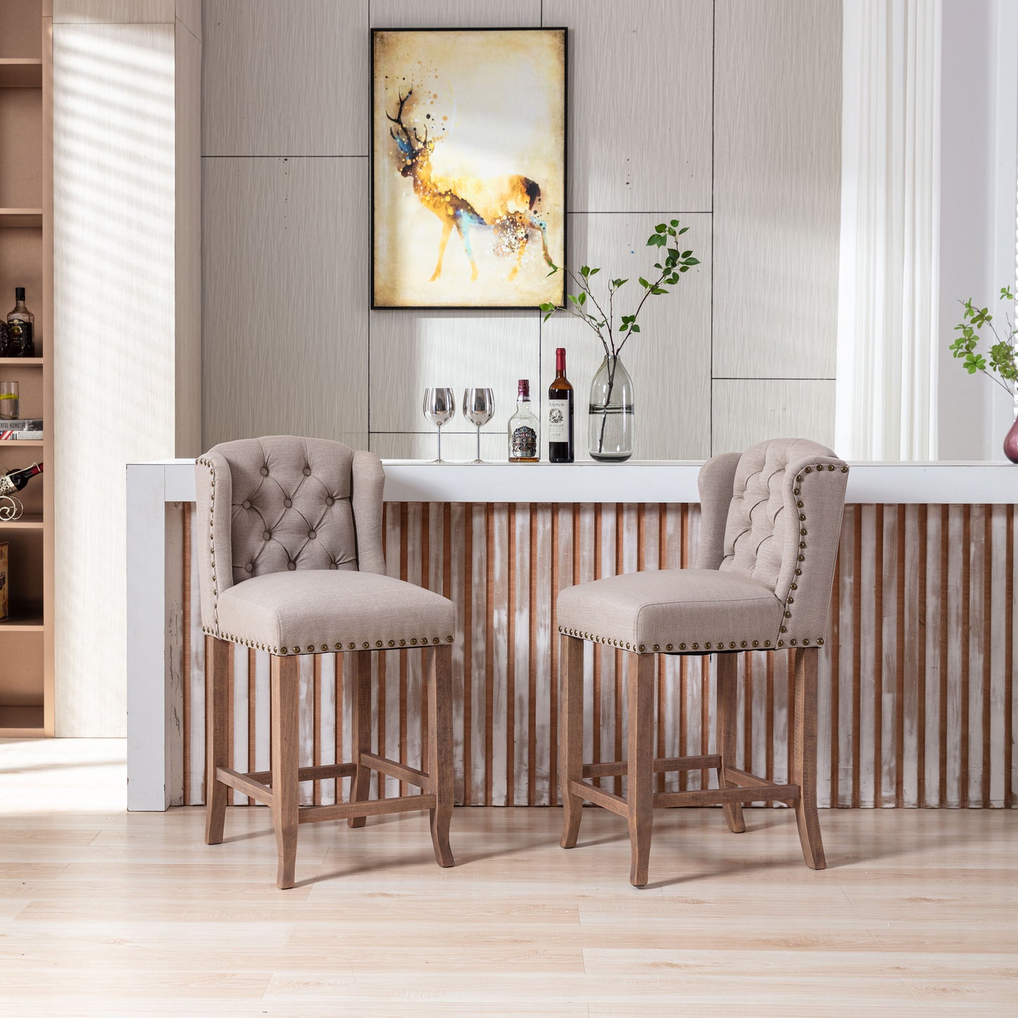 26 Inches Counter Height Bar Chairs Set of 2, Wing Back Farmhouse Bar stools with Tufted