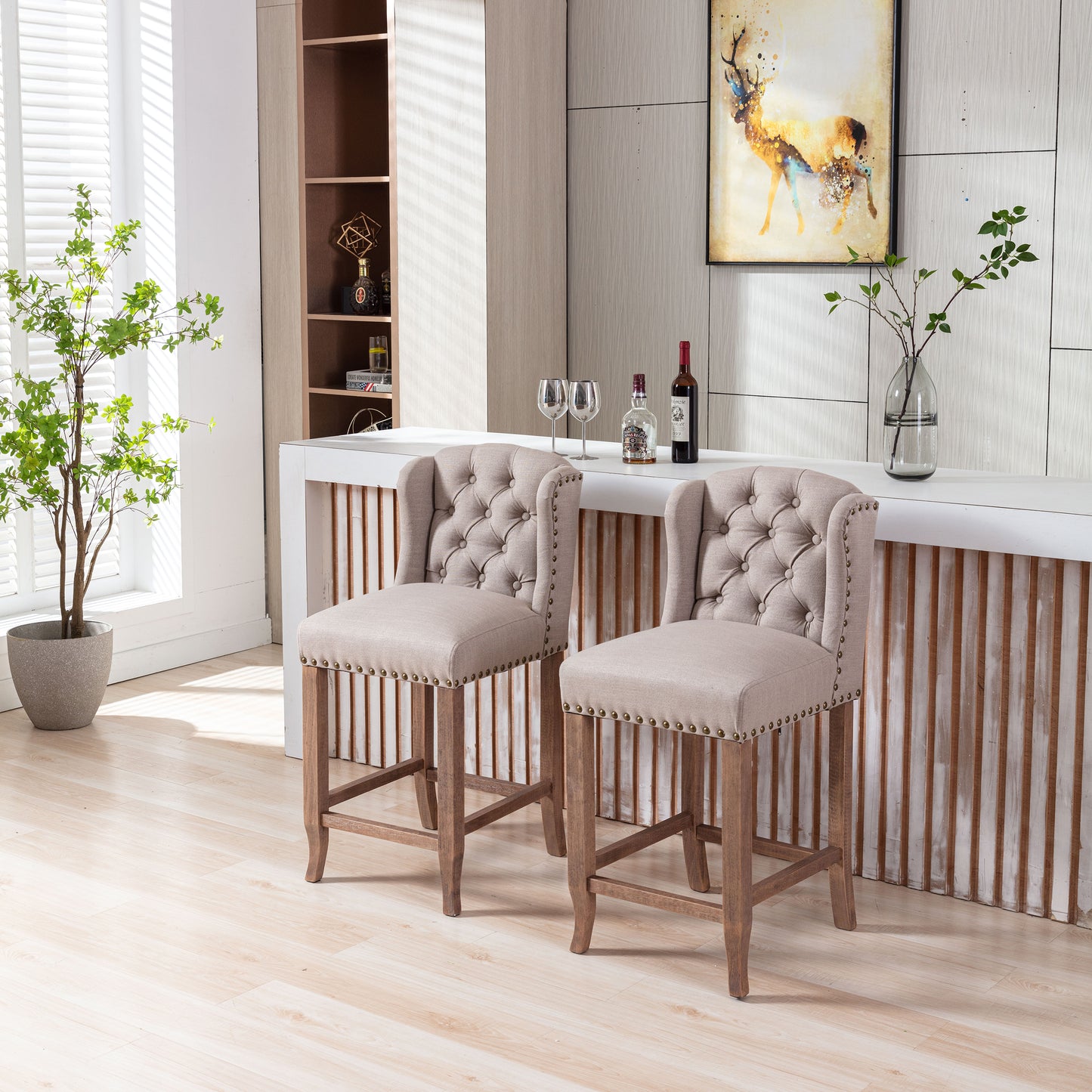 26 Inches Counter Height Bar Chairs Set of 2, Wing Back Farmhouse Bar stools with Tufted