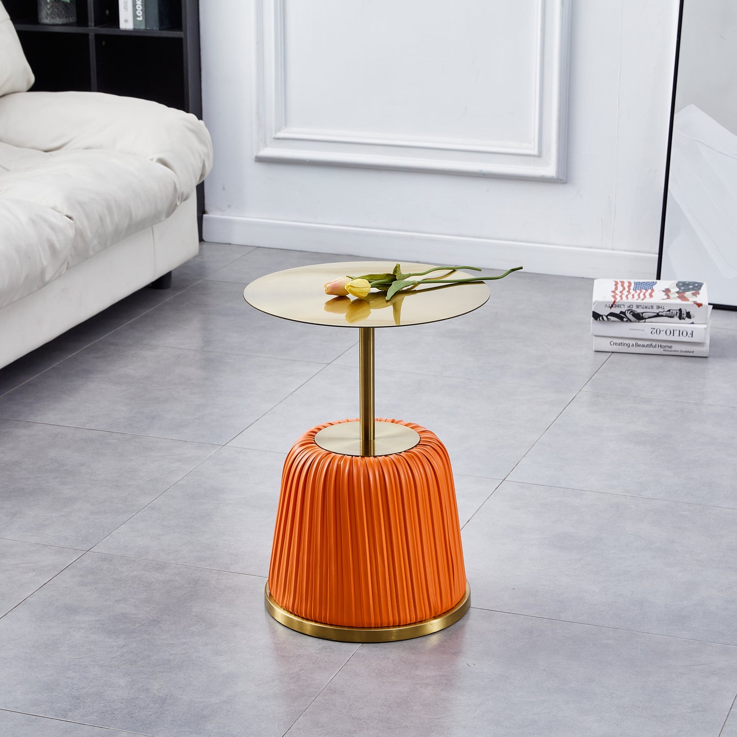 Luxury Gold Top with Metal Covered Orange PU Side Table, Small End Tbale for Living Room