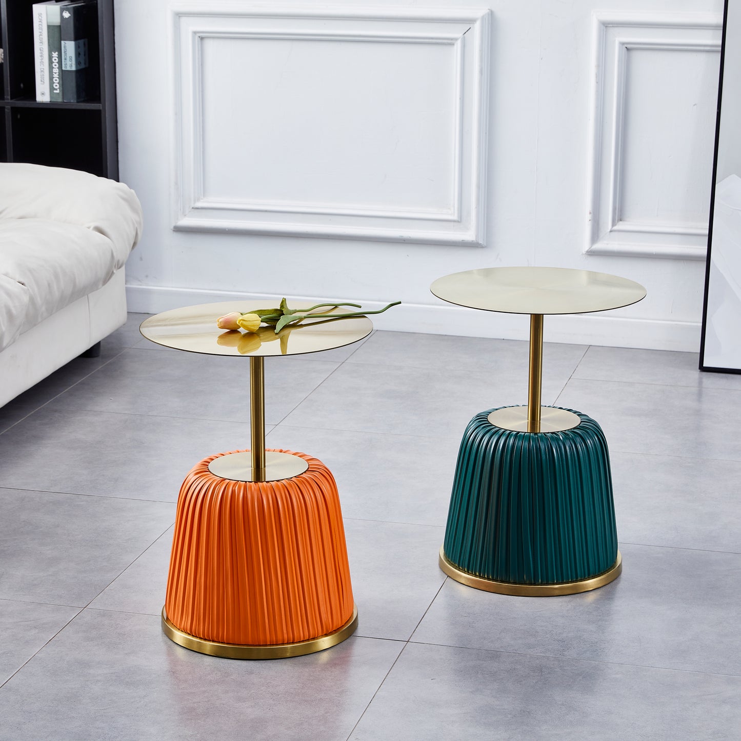 Luxury Gold Top with Metal Covered Orange PU Side Table, Small End Tbale for Living Room