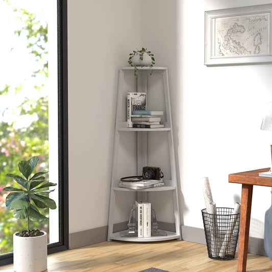 Corner Shelf, 4 Tier Bamboo Bookshelf, Open Ladder,Bedroom, Office, Kitchen, Balcony