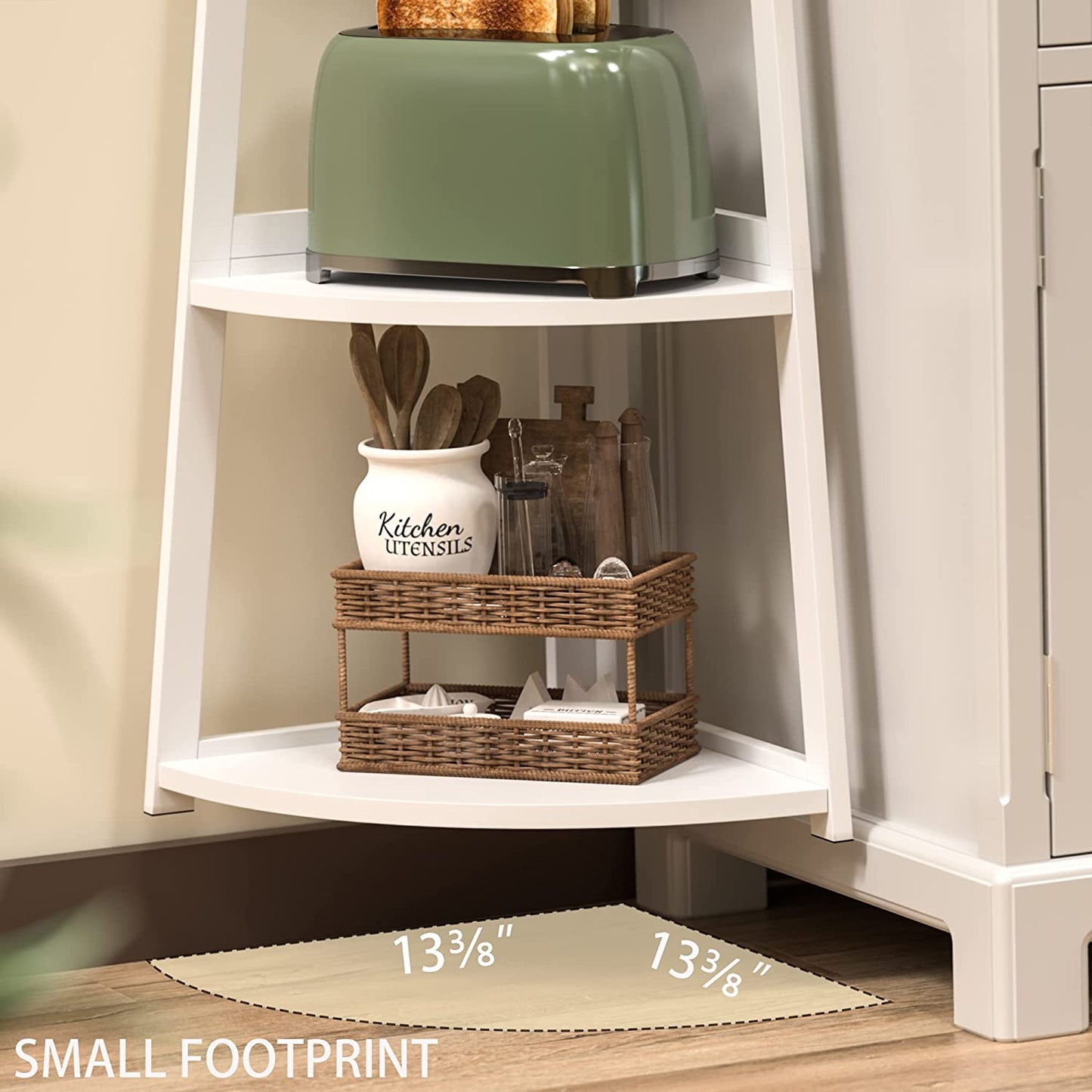 Corner Shelf, 4 Tier Bamboo Bookshelf, Open Ladder,Bedroom, Office, Kitchen, Balcony
