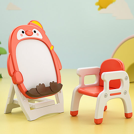 Children Indoor Cartoon Penguin Red Drawing Board Magnetic Graffiti Table And Chair