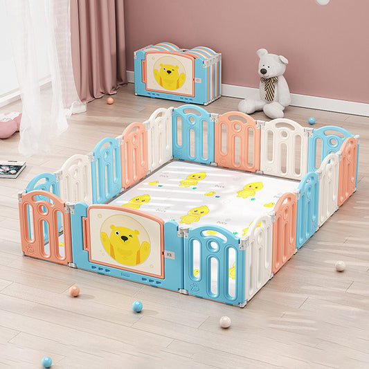 Bear Macaron Color Foldable Playpen, Baby Safety Play Yard With Fence Indoor Toys With 16 panel and 1 playmat