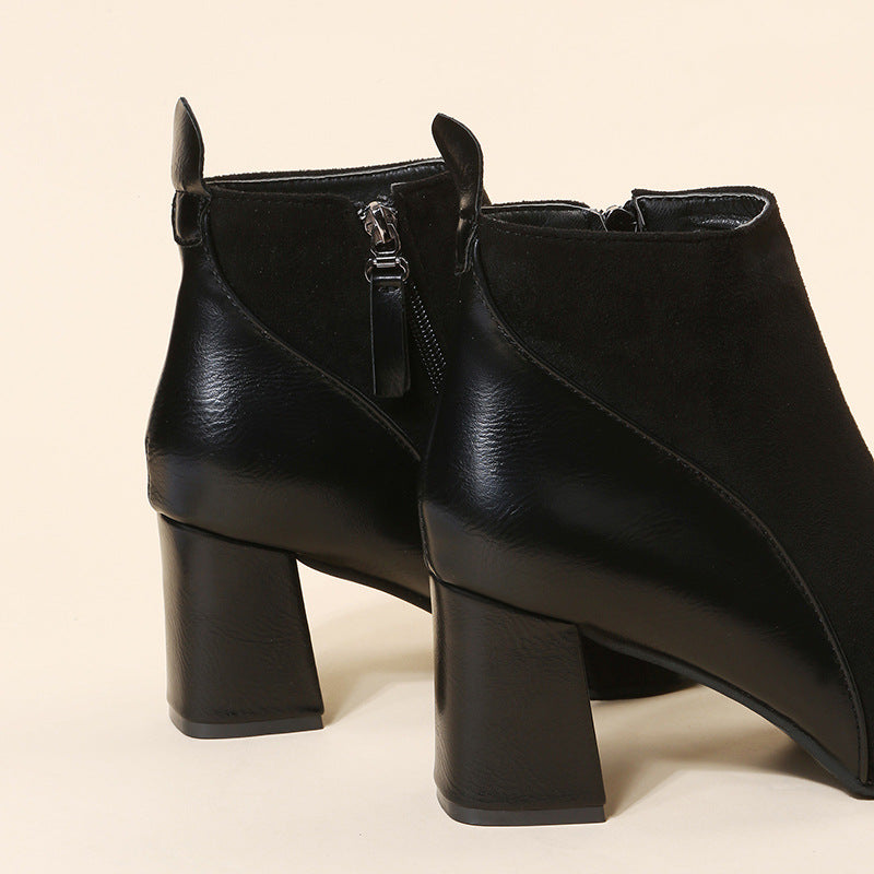 High-heeled Boots Women 2022 Autumn New Leather Stitching Side Zipper Boots Fashion Pointed Toe