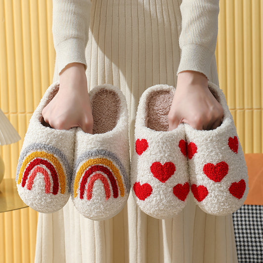 Mushroom Hot Style Winter Smiling Face Peach Heart Cotton Slippers For Women Indoor Home Rainbow Plush Warm Slippers