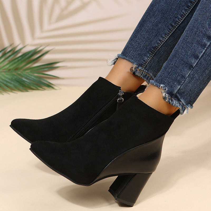 High-heeled Boots Women 2022 Autumn New Leather Stitching Side Zipper Boots Fashion Pointed Toe